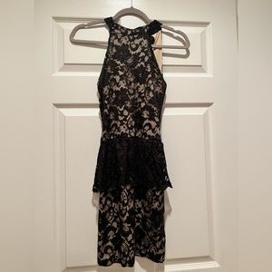 Arden B Lace Peplum Sheath Dress Black Lace Nude Stretch Fitted LBW Women’s XS